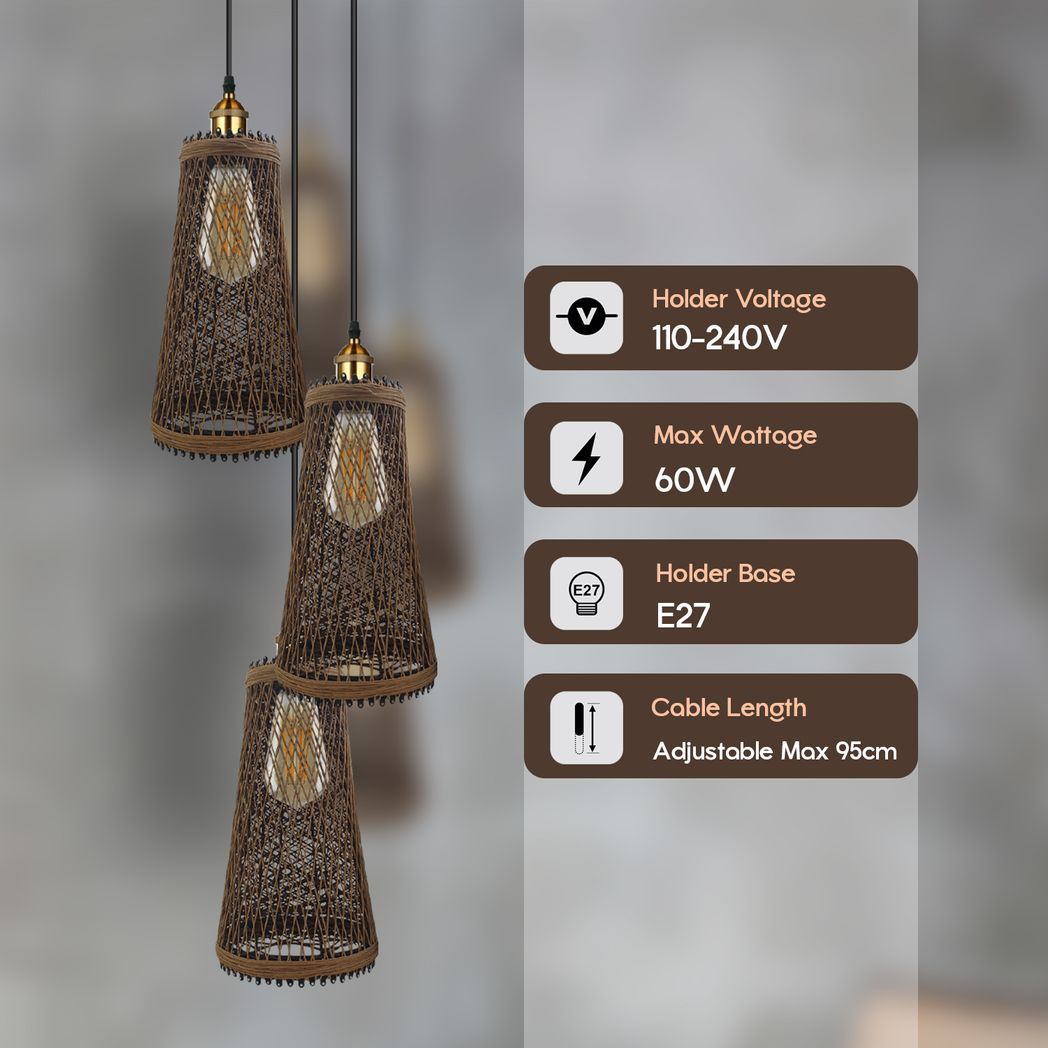 3 Head Natural Wicker Basket Style Retro Industrial Vintage Rattan Ceiling Pendant