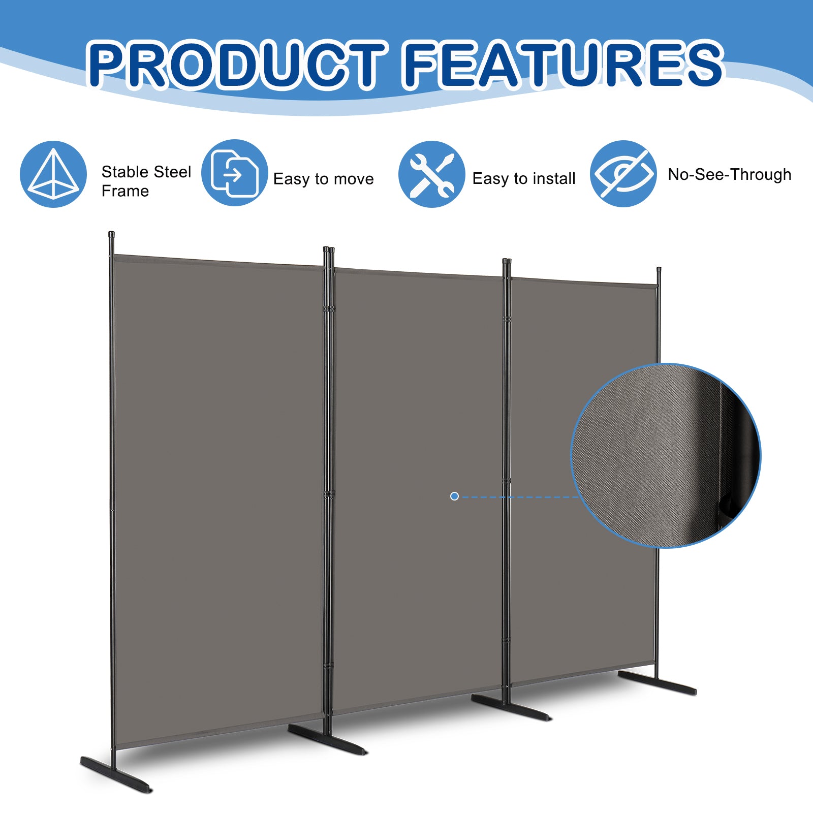 6FT Trifold 130g Polyester Fabric Plastic Foot Carbon Steel Frame Foldable Screen Gray