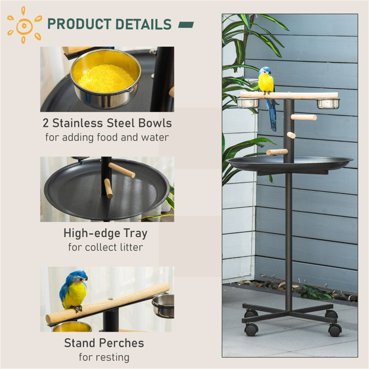 Bird Stand with Stainless Steel Food and Water Bowls, Wood Perch, and Rolling Wheels