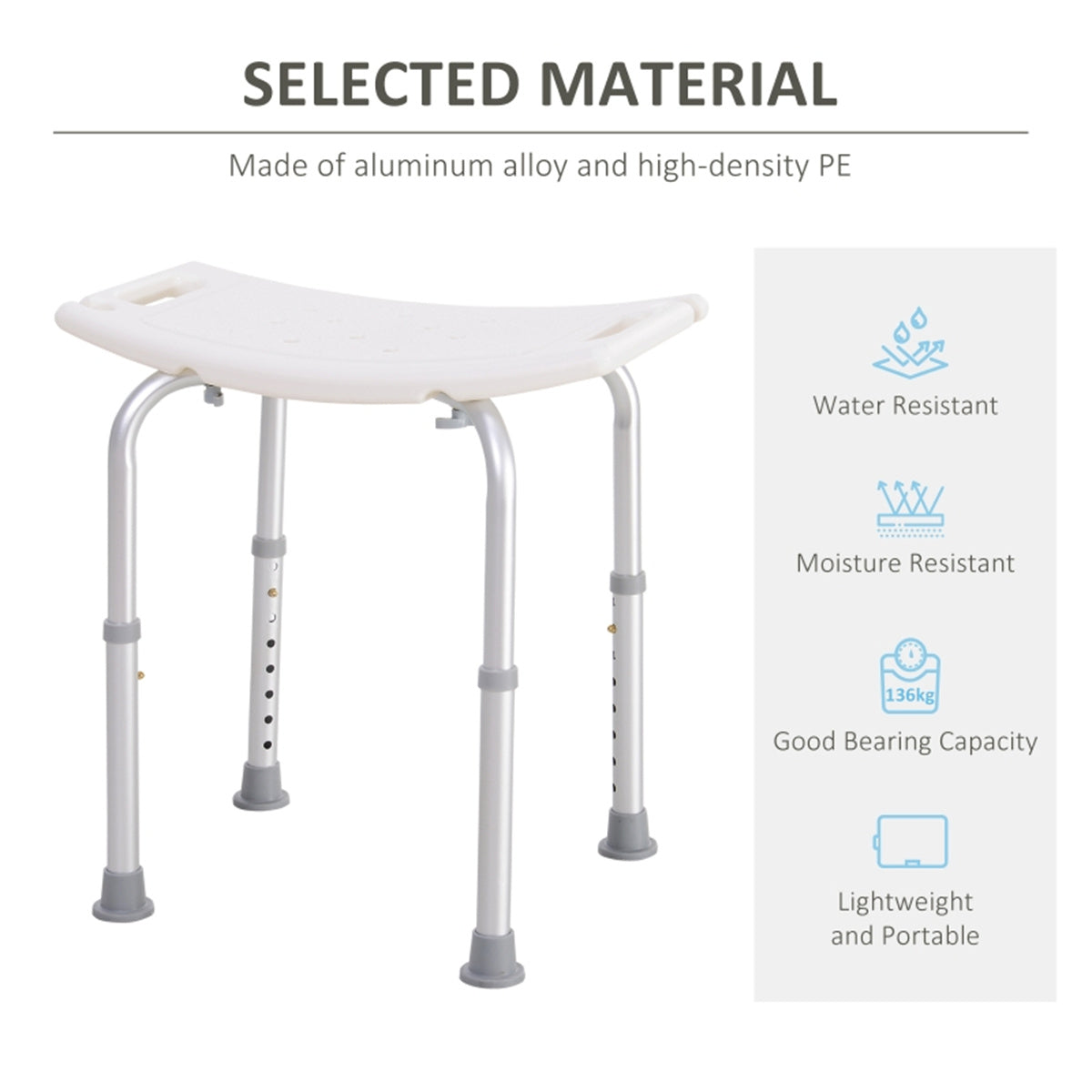 Height Adjustable Aluminum Shower Stool with Non-Slip Tips, 135kg Capacity