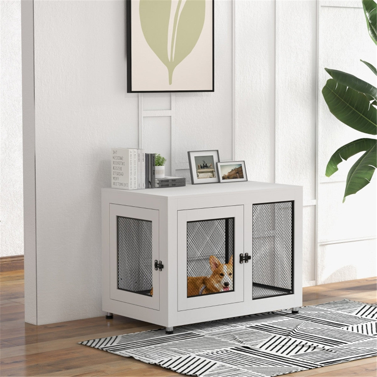 Dog Crate with Cushion, Front and Side Doors, Nightstand or Side Table