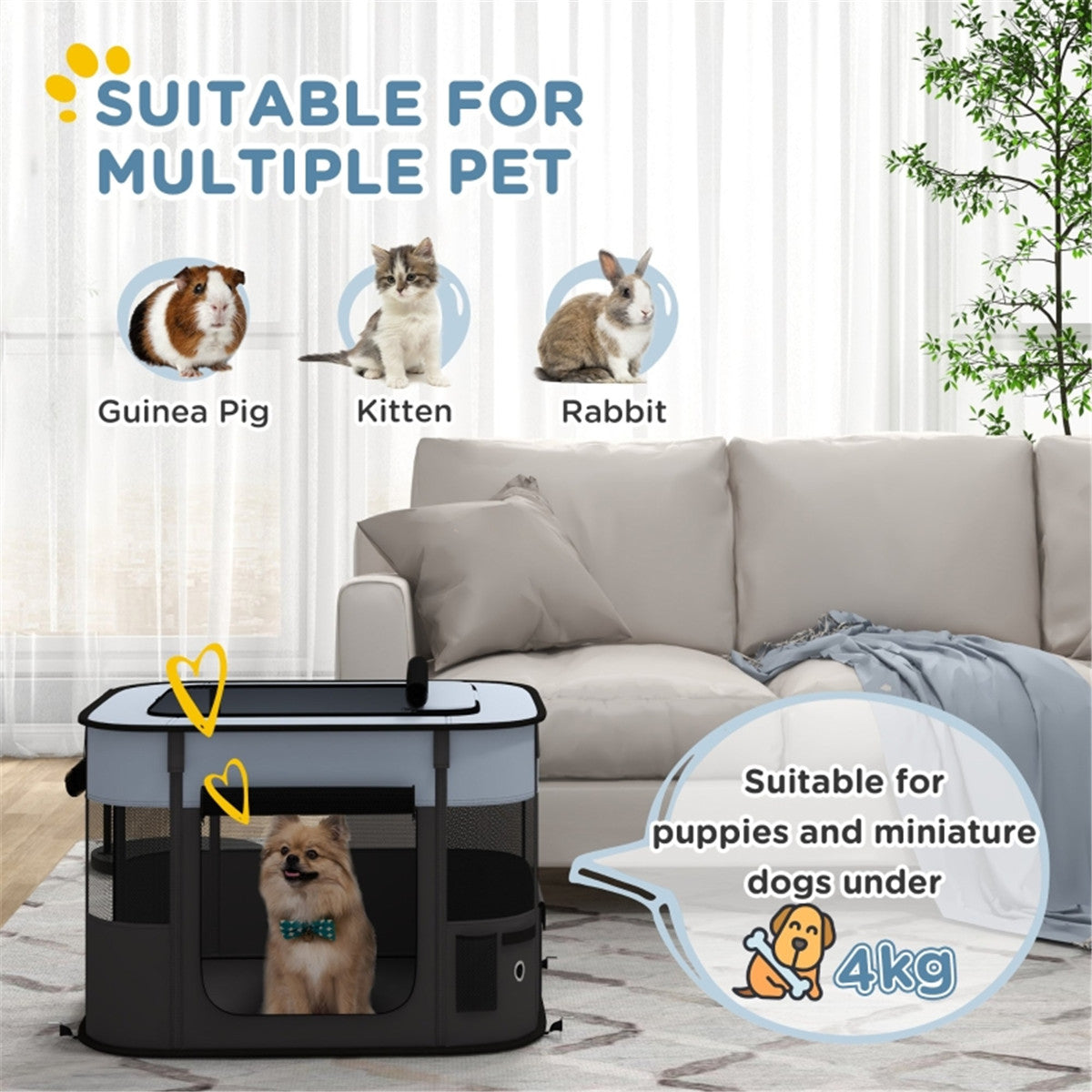 Foldable Pet Playpen with Mesh Windows, Storage Bags and Ground Stakes