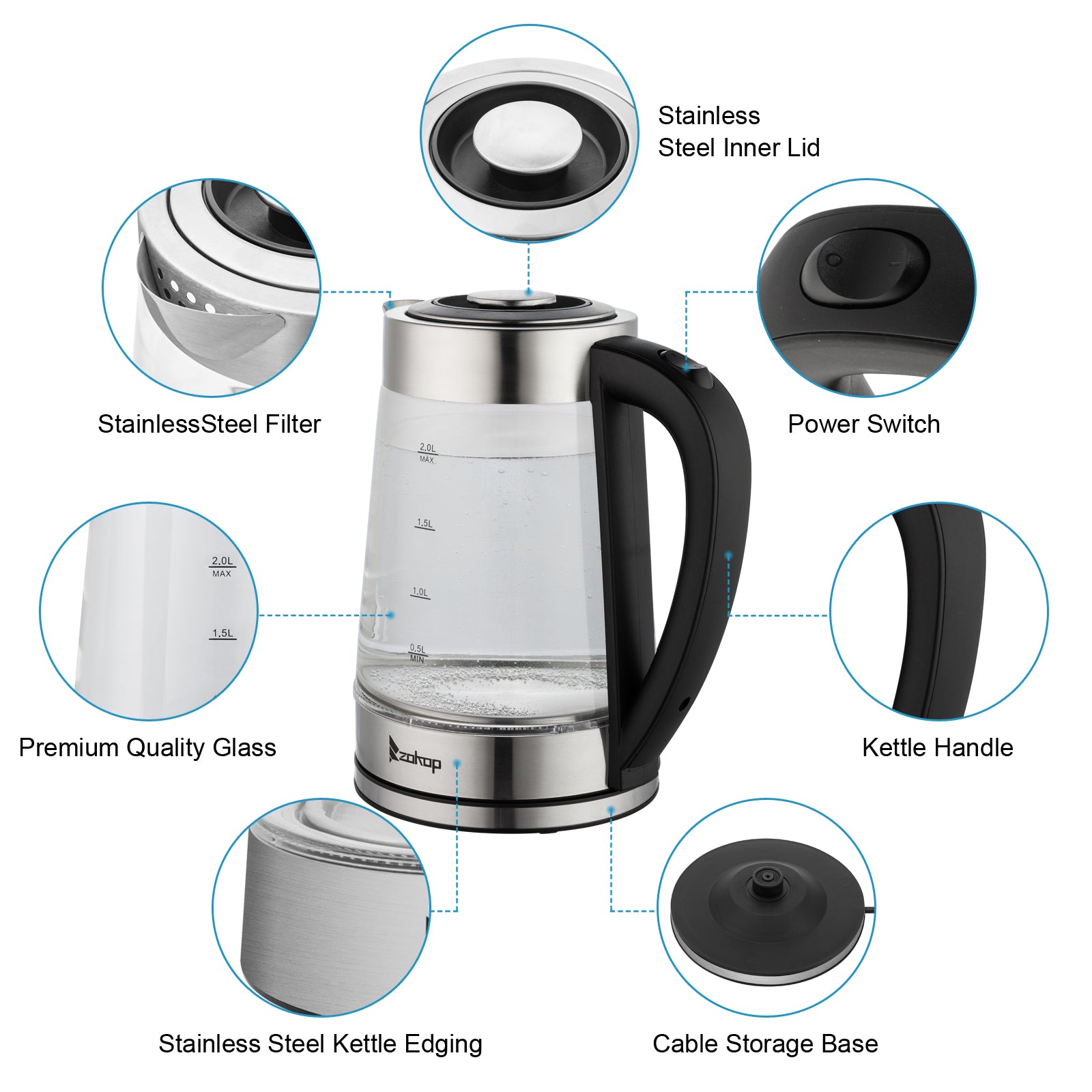 【Old Code:42128382】ZOKOP HD-250 220V 2000W 2L Blue Glass Electric Kettle