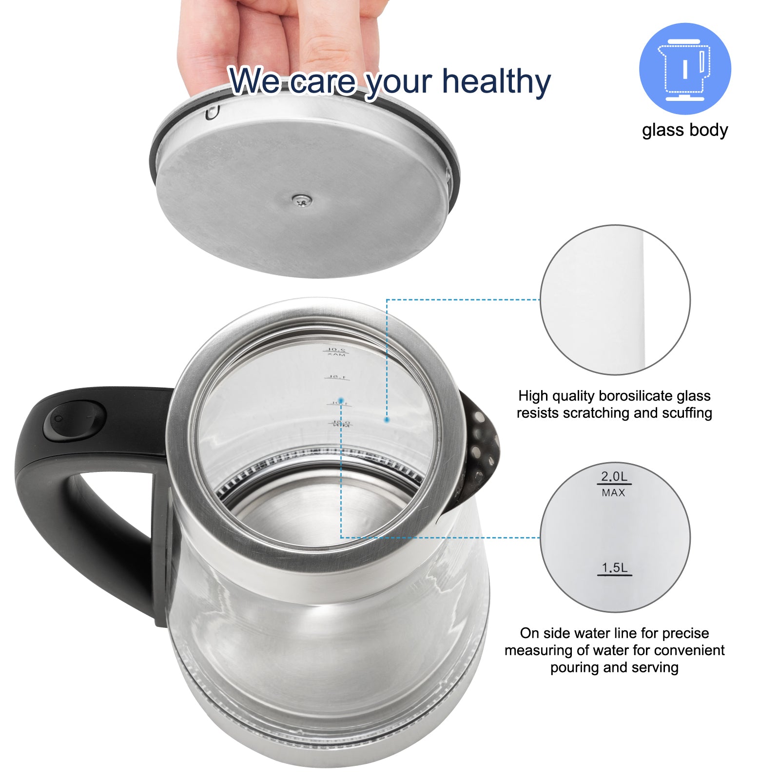 【Old Code:42128382】ZOKOP HD-250 220V 2000W 2L Blue Glass Electric Kettle