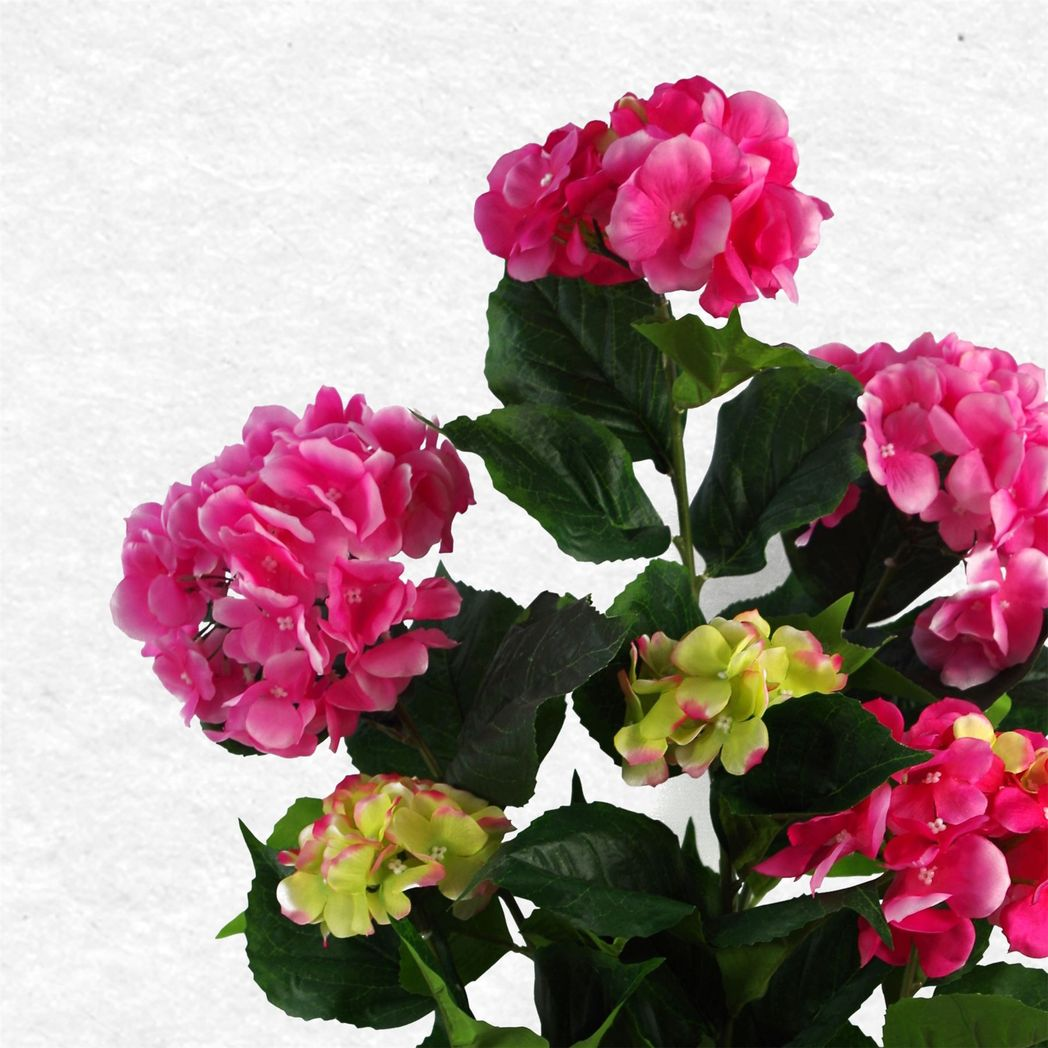 Leaf Artificial Pink Hydrangea Potted Plant, 200 Flowers, 51 Leaves, Black Plastic Pot, Indoor Display