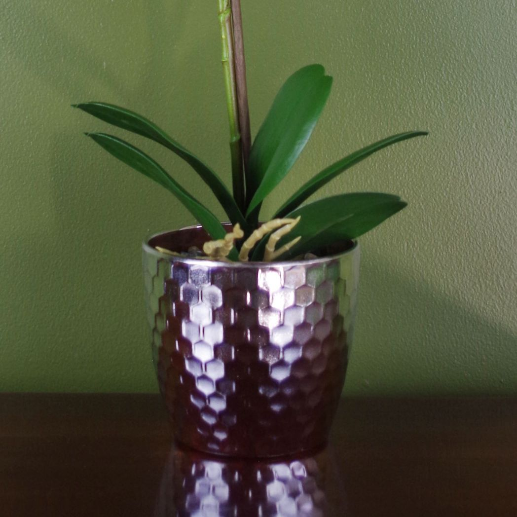 Leaf 50cm Artificial Phalaenopsis Orchid, Light Pink, Silver Decorative Pot, Real Touch Flowers and Leaves