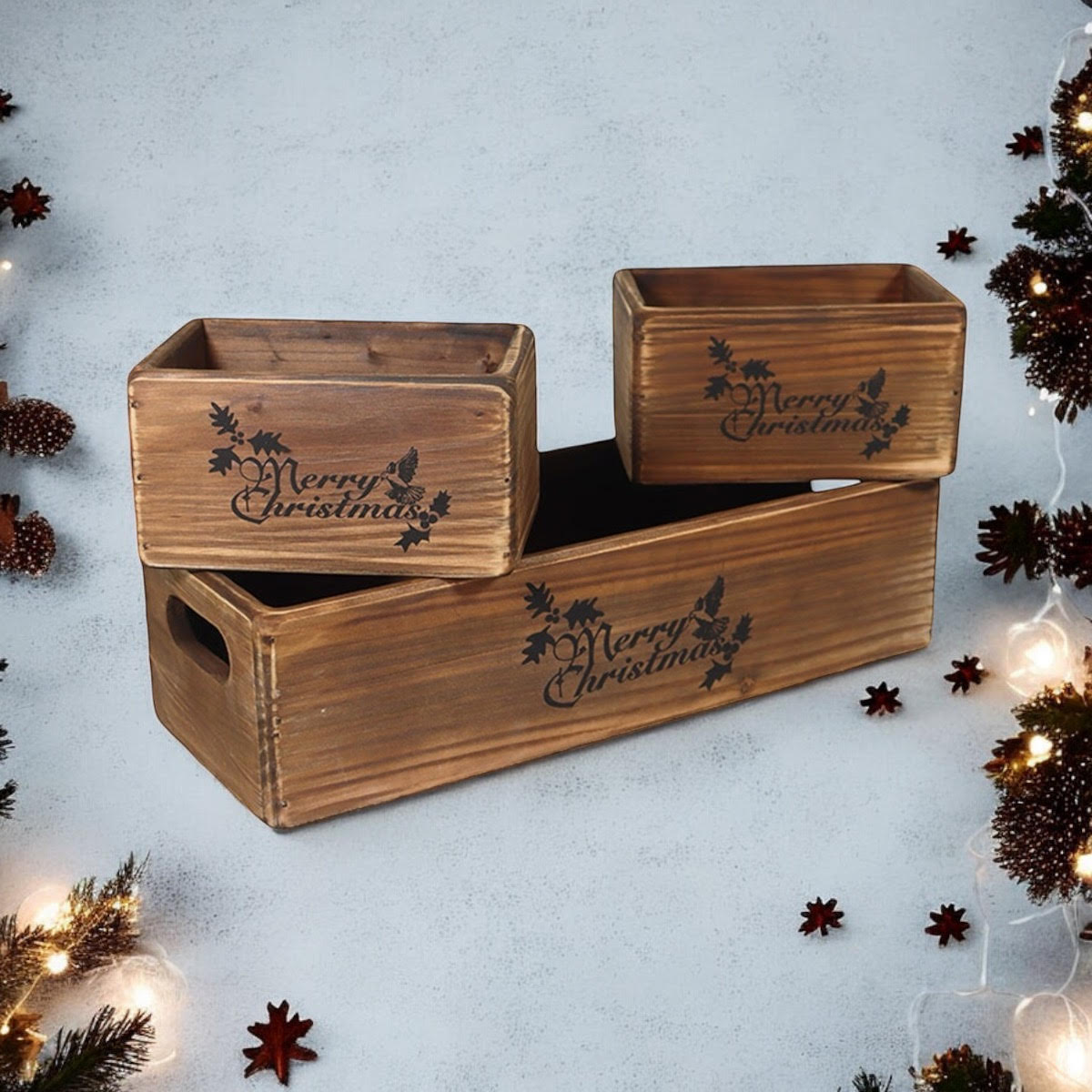 MSL Set of 3 Hand Finished Wooden Christmas Boxes 34/15/15cm