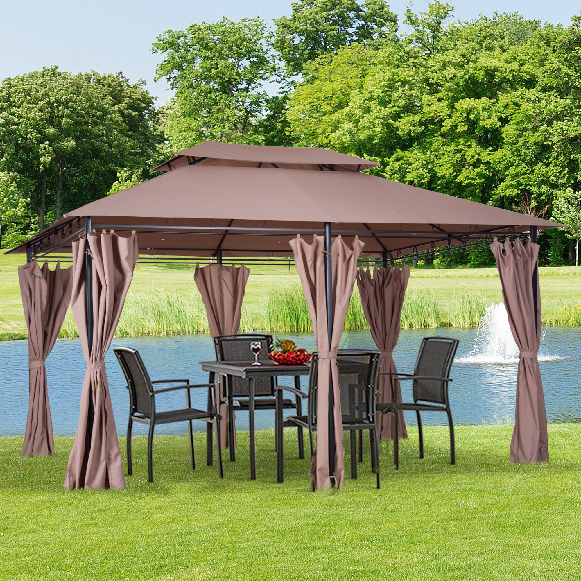 Outsunny 4m x 3m Steel Frame Garden Pavilion Gazebo with Two-Tier Roof and Curtains Khaki