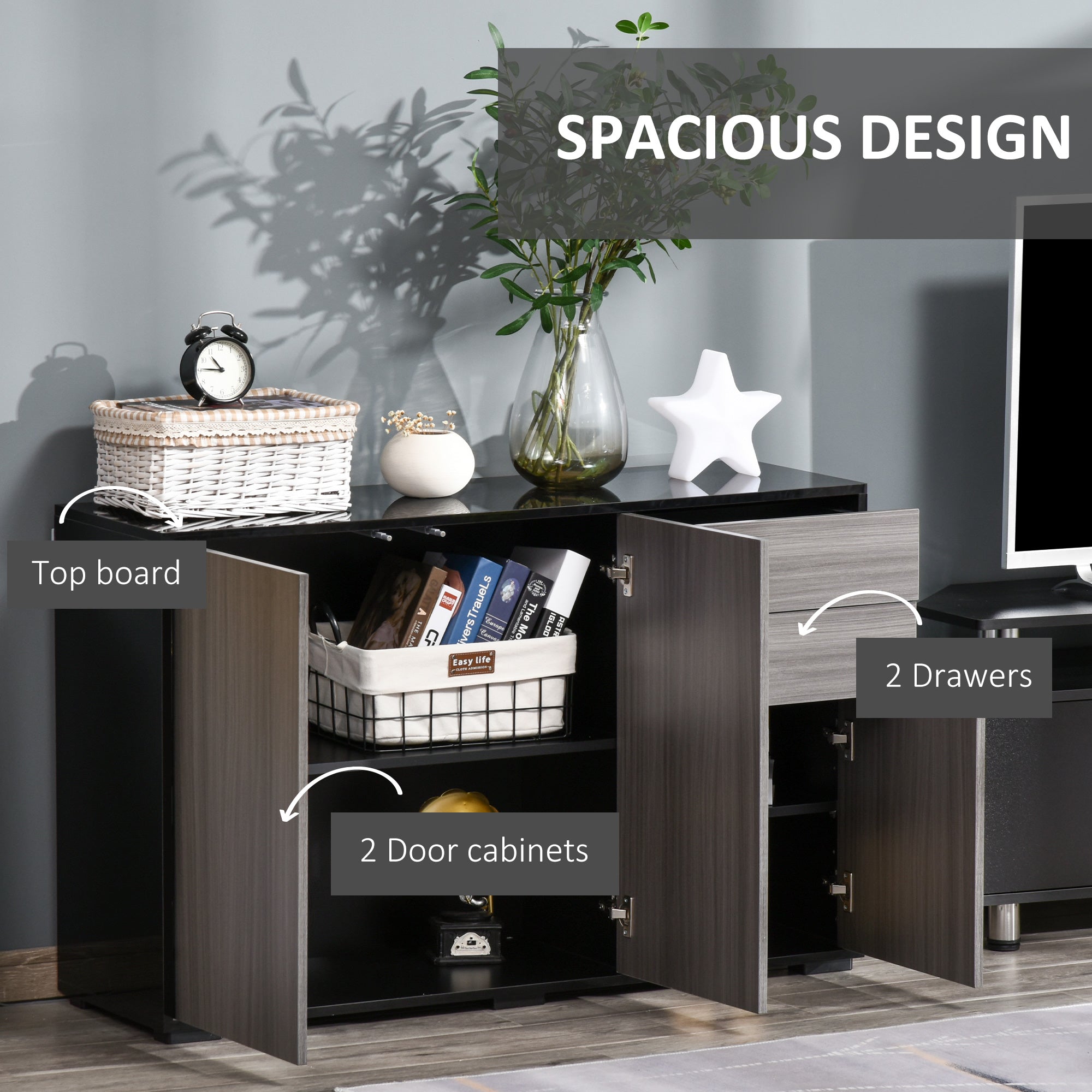 Side Cabinet with 2 Doors and 2 Drawers, Freestanding Home Office Storage Cabinet, Grey Black