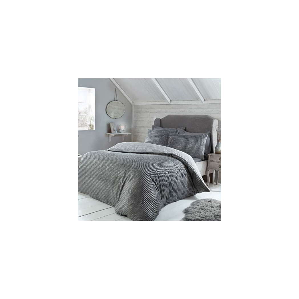 Sleepdown Ribbed Teddy Fleece Grey Reversible Bedding Set with Pillowcases, Duvet 200cm x 200cm, Pillowcases 48cm x 74cm