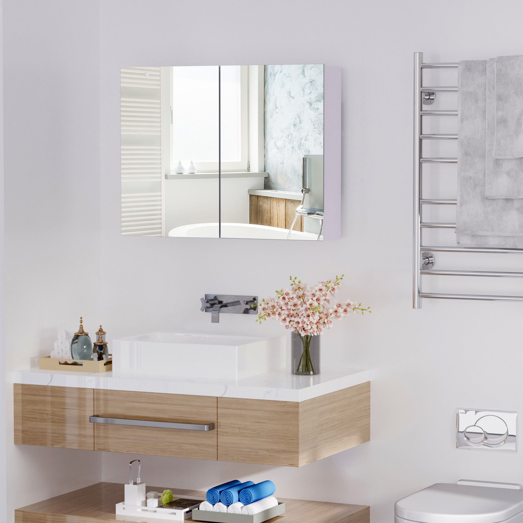 Wall Mounted Double Door Mirror Cabinet Bathroom Storage Unit with Adjustable Shelf
