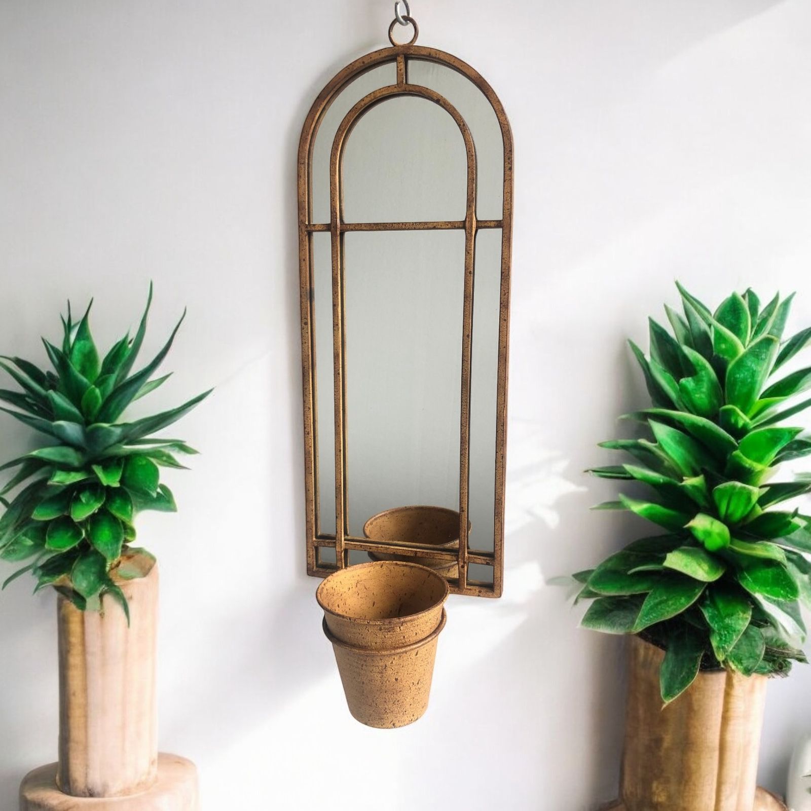 MSL 64cm Decorative Metal Wall Mirror with Single Planter and Pot, Antique Finish