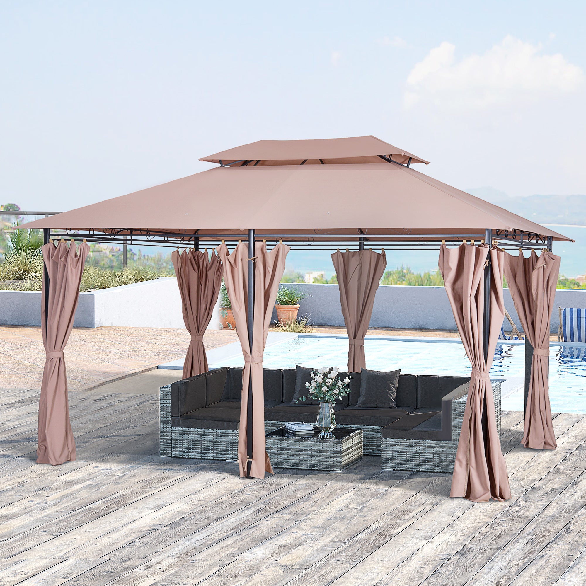 Outsunny 4m x 3m Steel Frame Garden Pavilion Gazebo with Two-Tier Roof and Curtains Khaki