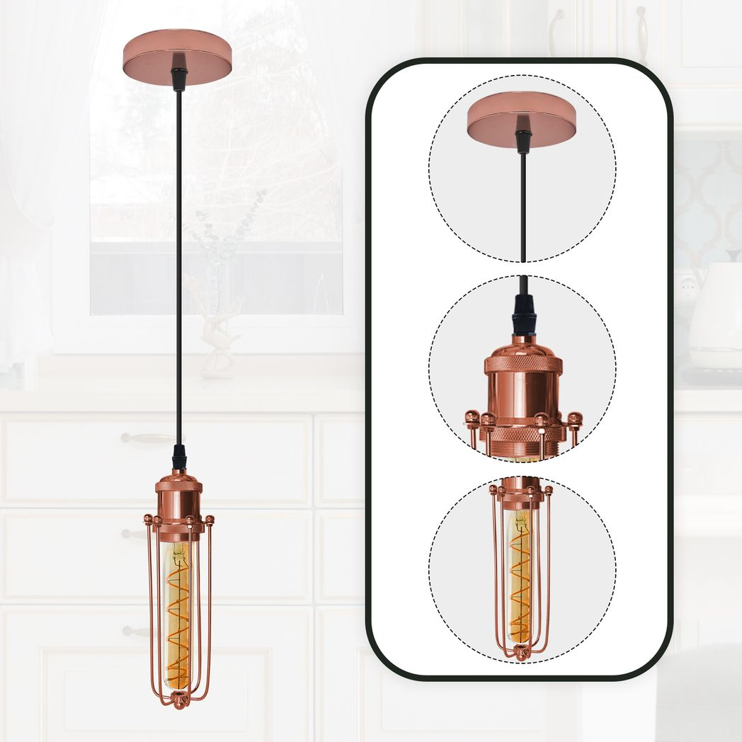 Single Rose Gold Ceiling E27 Pendant Light with Wire Cage, Industrial Vintage Hanging Lamp Fixture