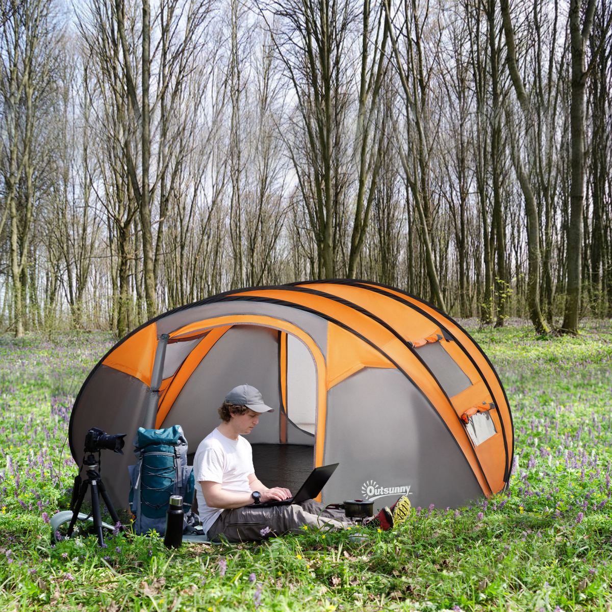 Camping Tent Dome Pop-up Tent with Windows for 4-5 Person Orange Outsunny