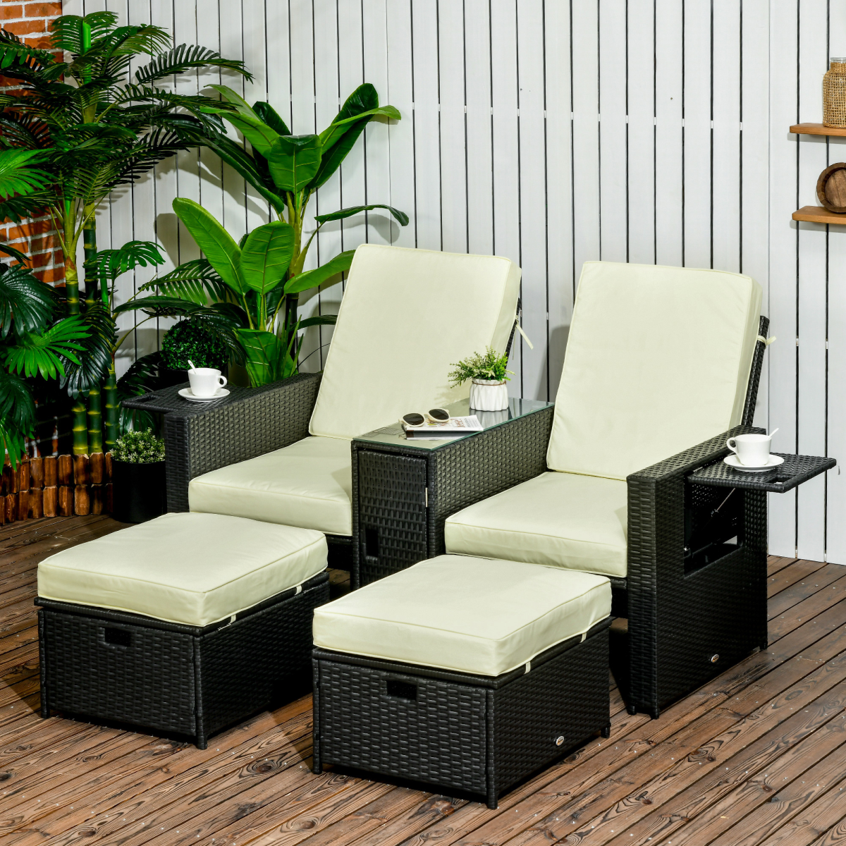 Outsunny 5-Position Adjustable Rattan Sun Lounger Set with Table & Footstools, Black
