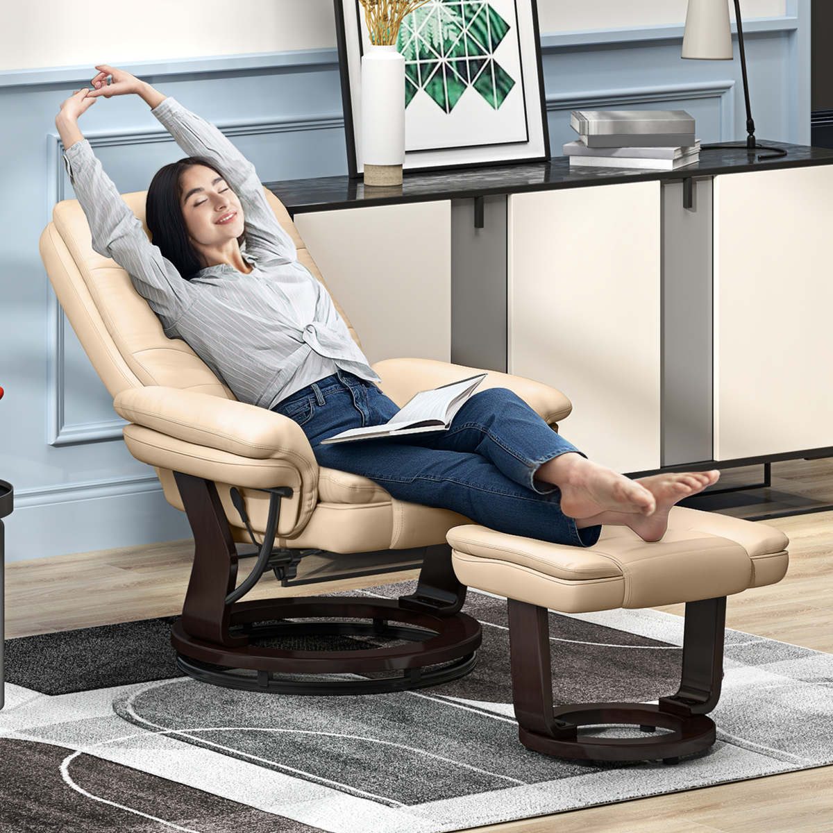 HOMCOM Beige PU Leather Swivel Manual Recliner Chair with Footrest