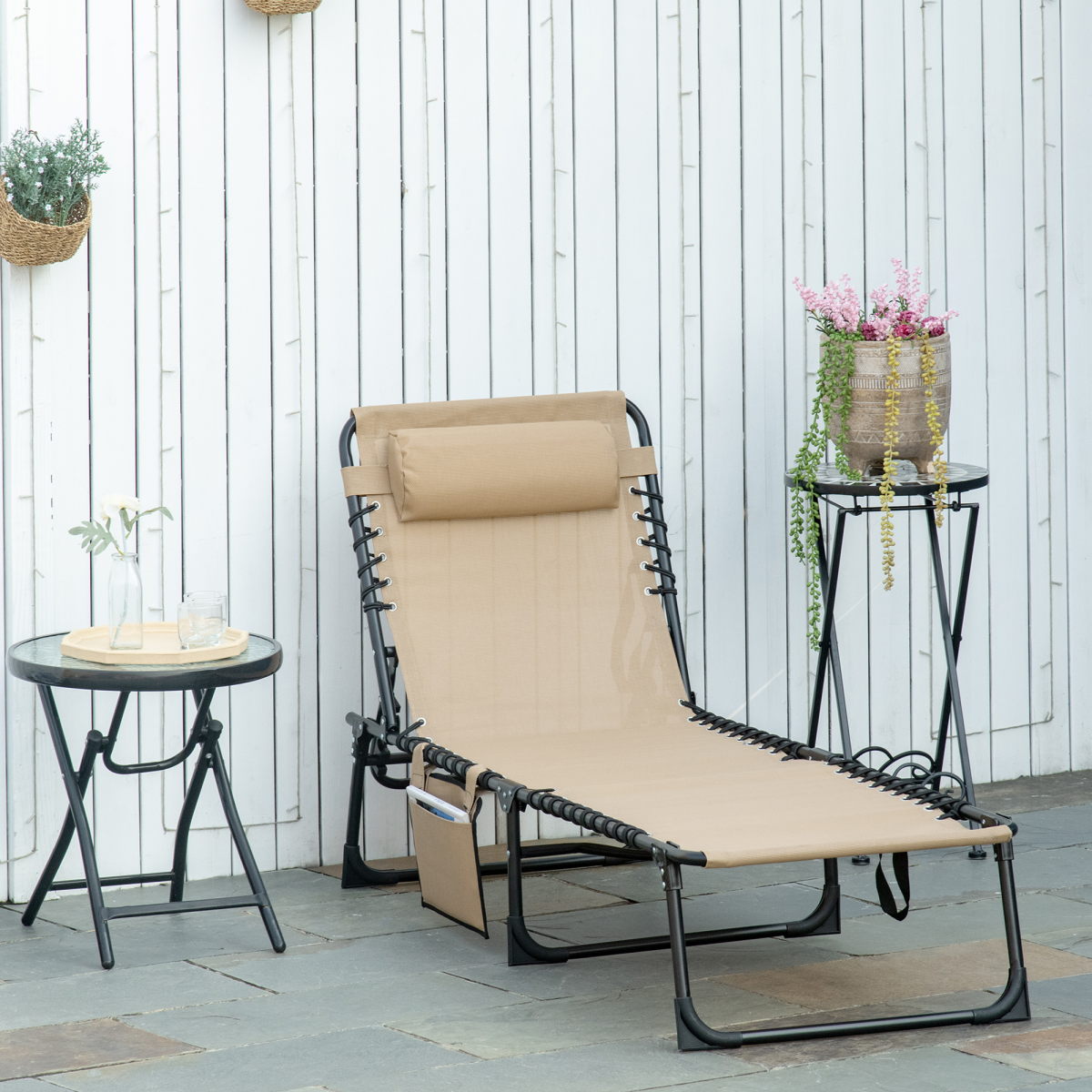 Outsunny Portable Sun Lounger with 5-Position Adjustable Backrest, Removable Pillow, Side Pocket, Foldable Steel Frame, Weather-Resistant Mesh Seat