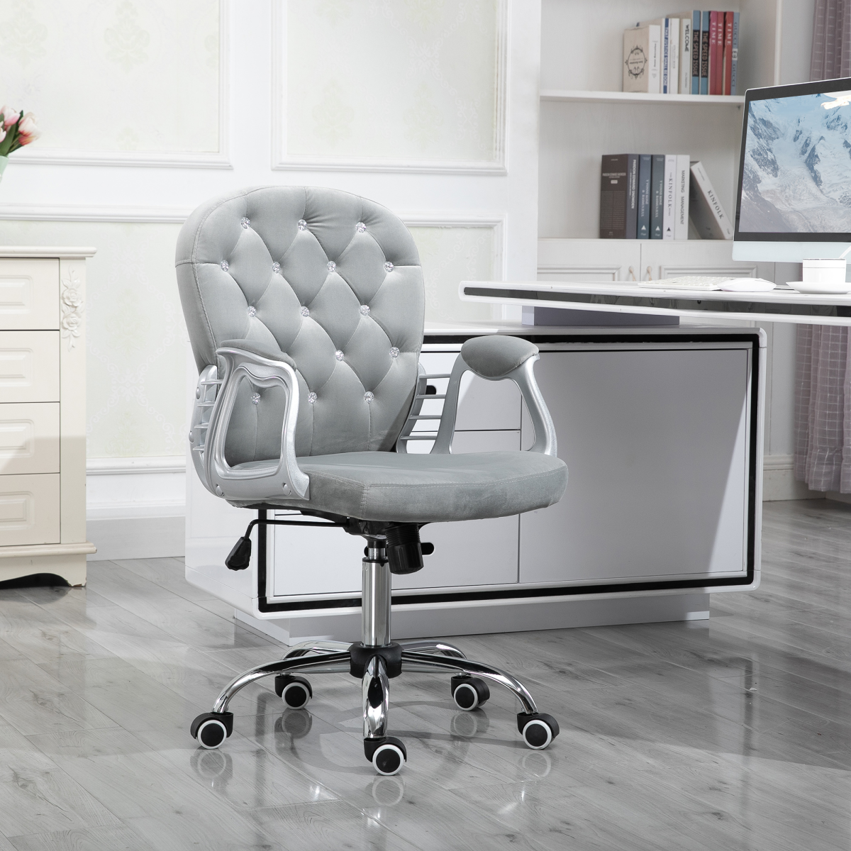 Grey Velour Diamond Tufted Office Chair, Adjustable 360° Swivel