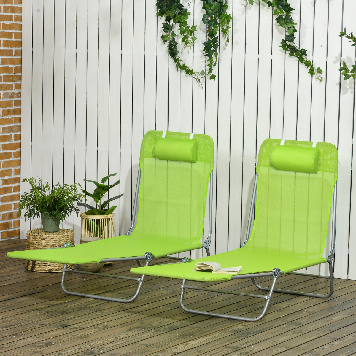 Outsunny Folding Sun Loungers Set of 2, Adjustable Backrest, Pillow, Green