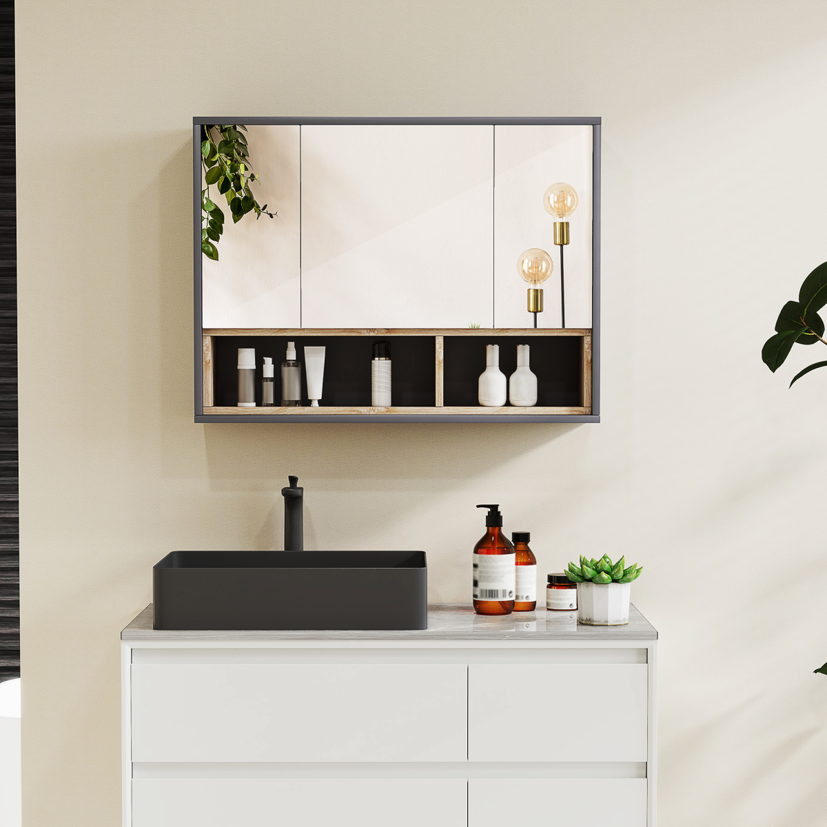 HOMCOM Wall Mounted Mirrored Bathroom Cabinet with Shelves, Grey