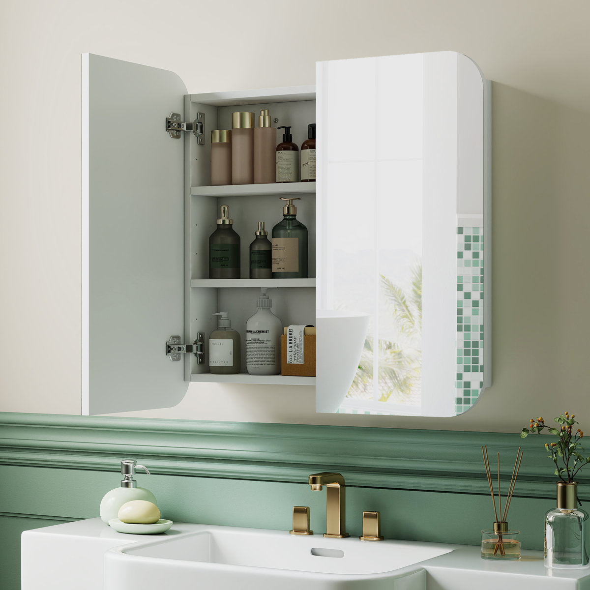 HOMCOM Arched Wall-Mounted Bathroom Mirror Cabinet, White