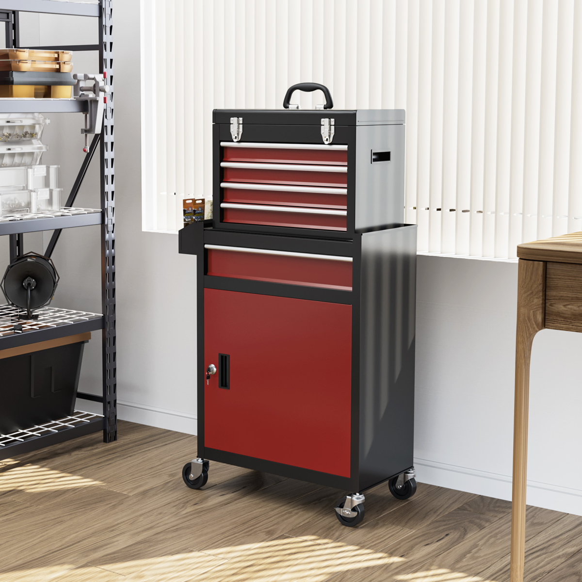 HOMCOM 5-Drawer Rolling Tool Cabinet with Lockable Cupboard
