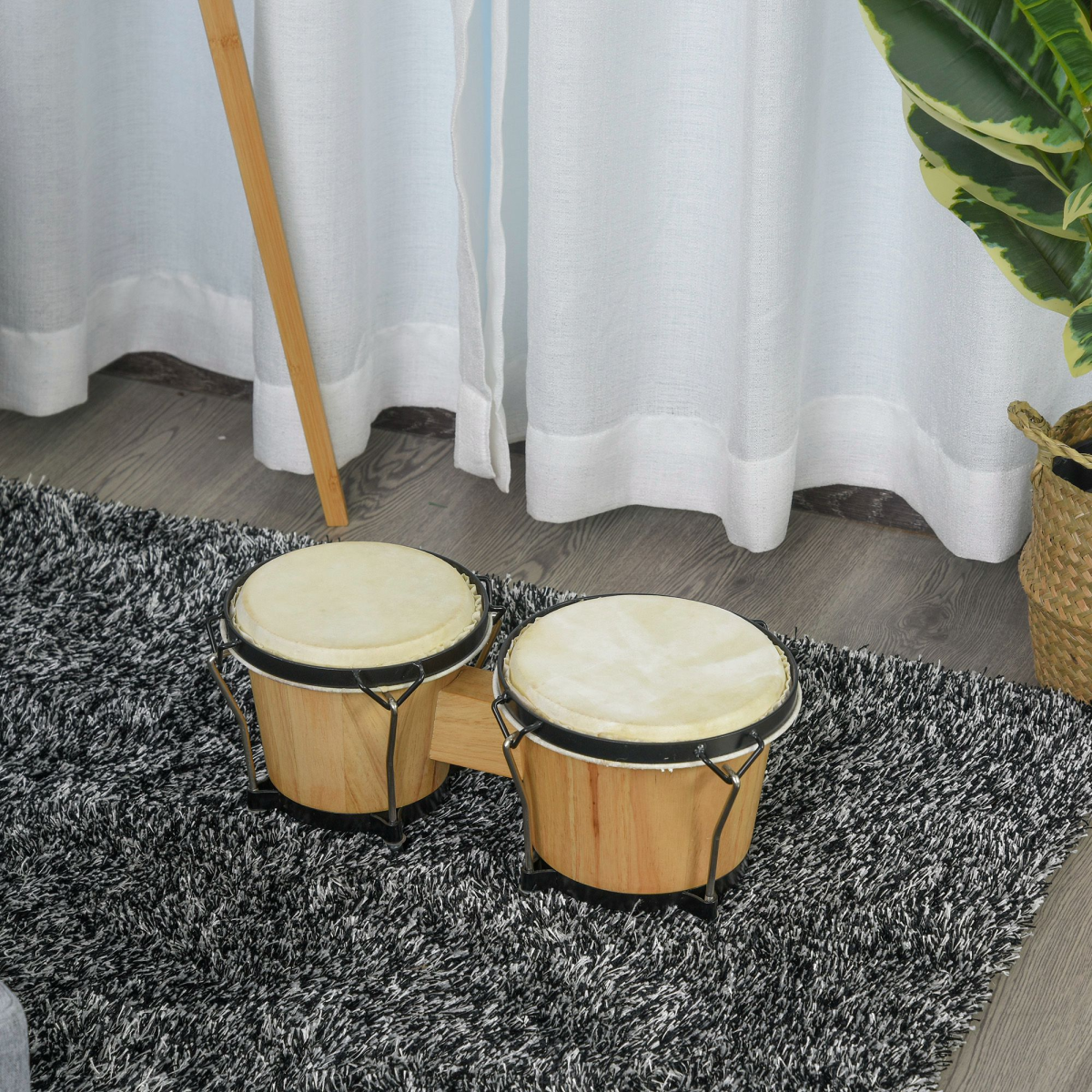 Wooden Bongo Drum Set with Sheepskin Heads and Tuning Wrench