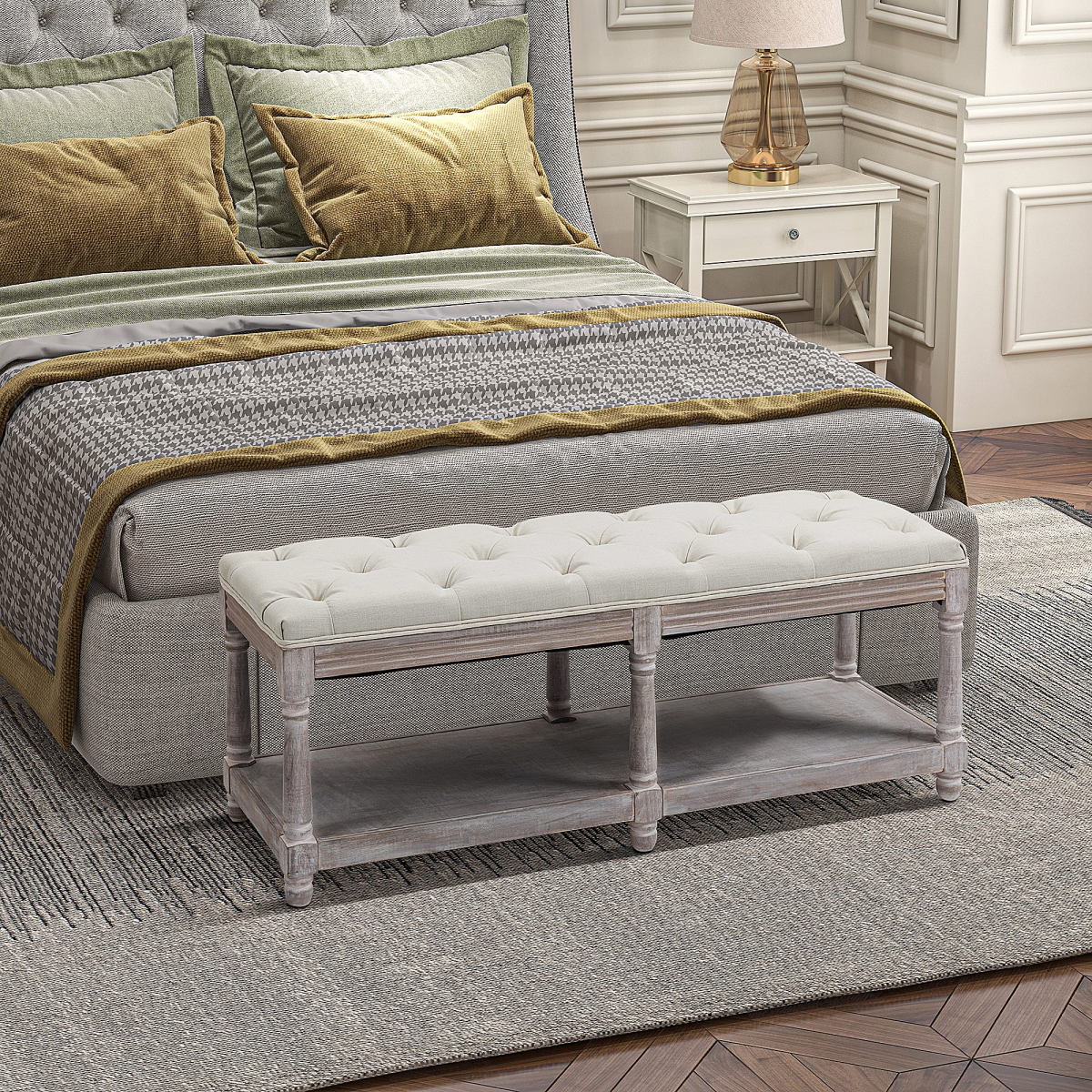 2-Tier Vintage Tufted Storage Bench, Cream White
