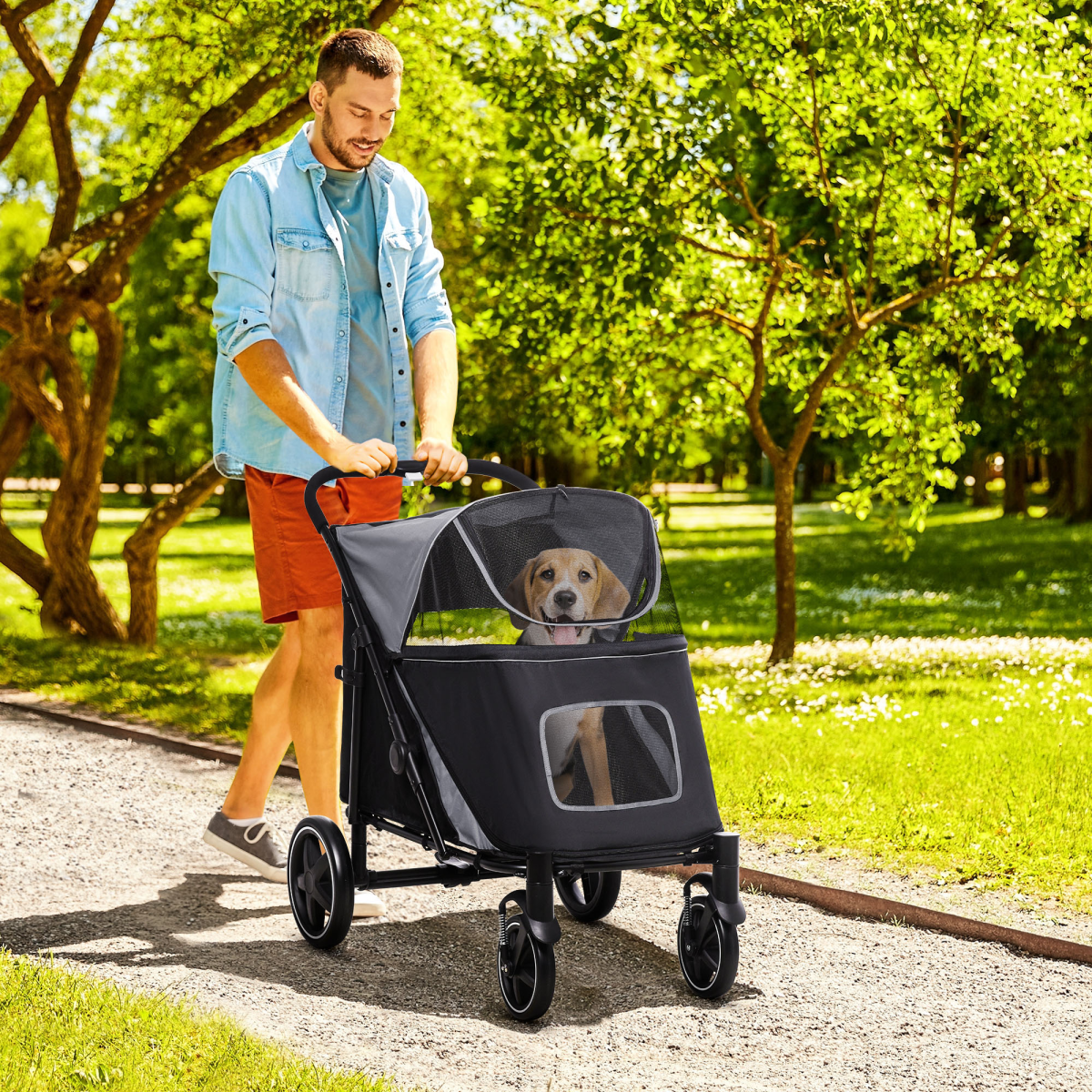 PawHut Foldable Dog Pram with Universal Front EVA Wheels, Safety Leashes, Steel Frame, Grey and Black