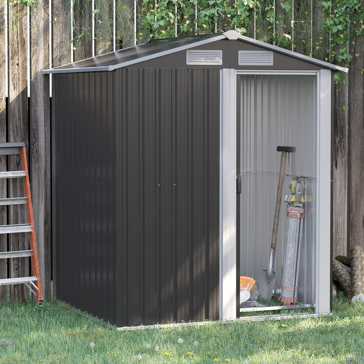 Outsunny Metal Outdoor Storage Shed with Sliding Door and Sloped Roof, 152 x 132 x 188 cm, Grey