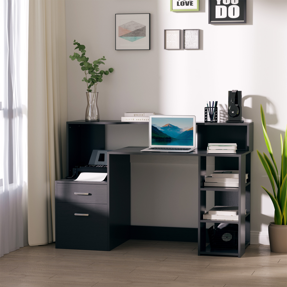 HOMCOM Multi-Storage Workstation Desk Table with Side Shelves, Drawer Cabinet and Printer Space, Black