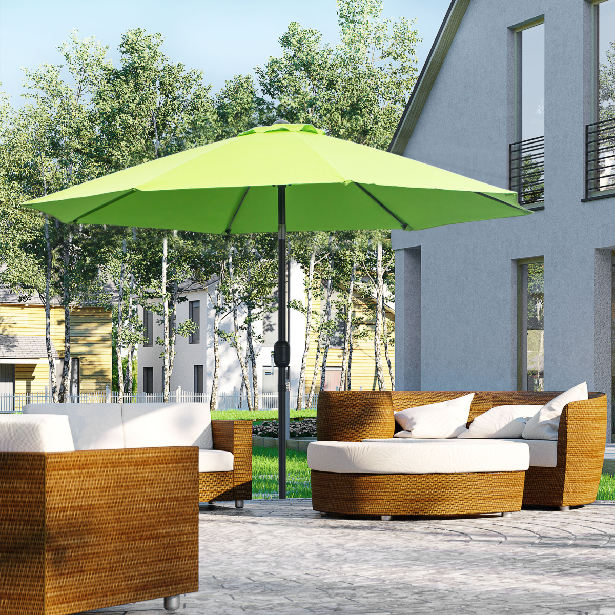 Outsunny 2.65m Patio Sun Umbrella Parasol with Tilt Canopy, Crank Handle, Powder Coated Aluminium Pole, Light Green