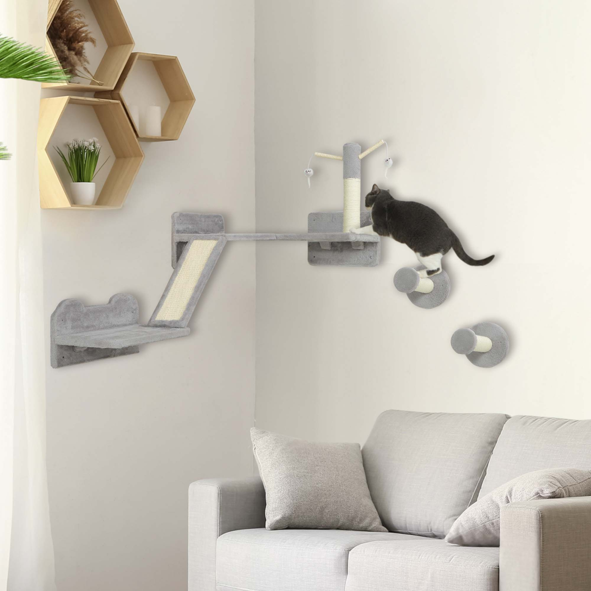 PawHut 3-Piece Wall-Mounted Corner Cat Shelves, Light Grey