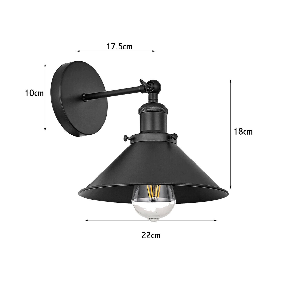 Black Vintage Retro Cone Shade Wall Sconce with E27 Holder