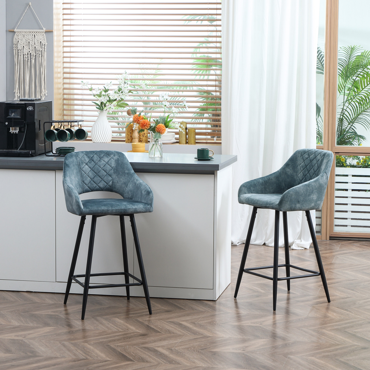 Set of 2 Blue Velvet-Feel Counter Height Bar Stools with Armrests