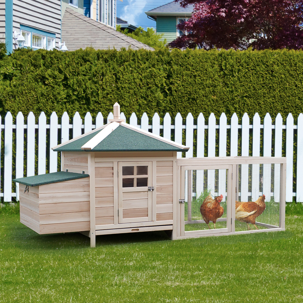 PawHut Wooden Chicken Coop with Nesting Box and Outdoor Run, Weather-Resistant Roof, Slide-Out Tray
