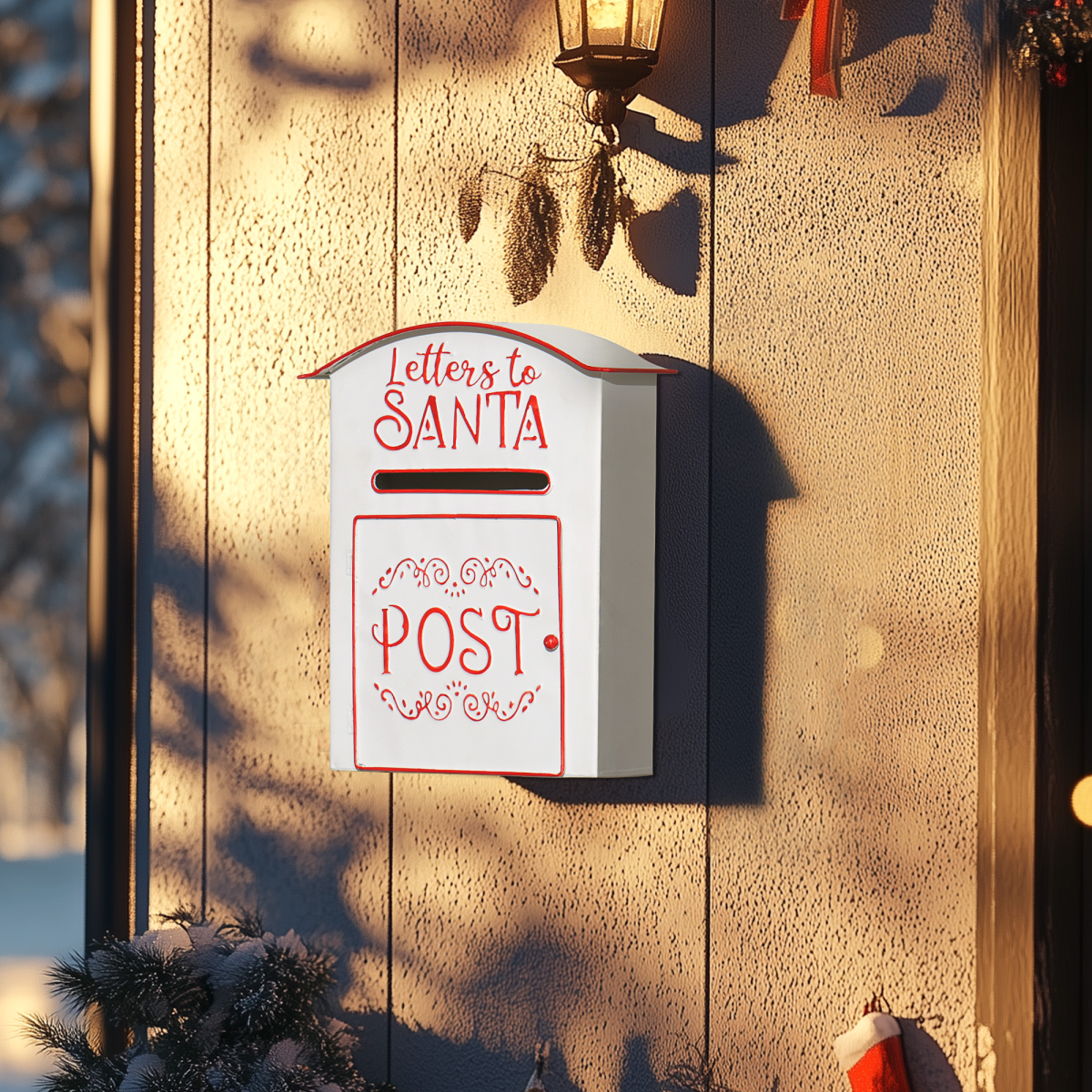 HOMCOM Wall Mounted Christmas Post Box, White Steel Santa Mailbox