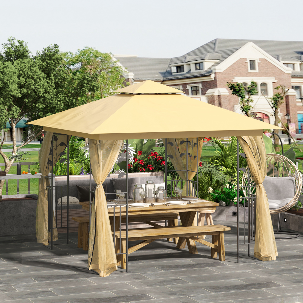 Outsunny 3x3 m Beige Double Top Gazebo with Mesh Sidewalls