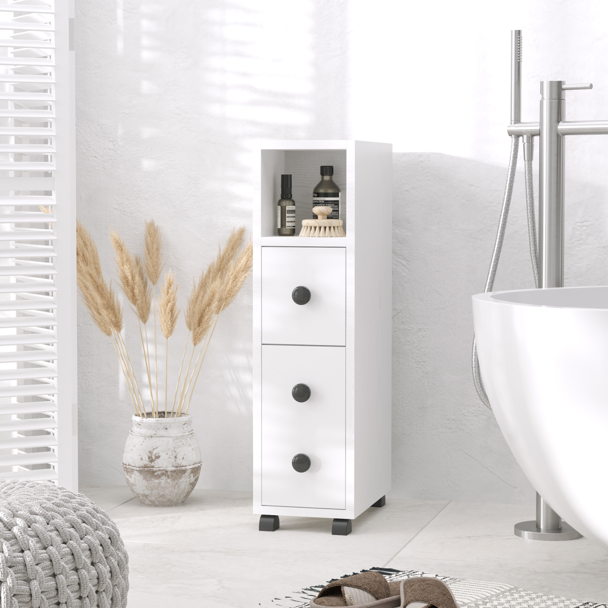 Slimline White Bathroom Storage Unit with 2 Drawers and Wheels