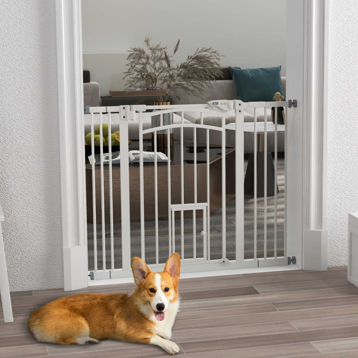 PawHut Pressure Fit Pet Safety Gate with Cat Door, 74-100cm