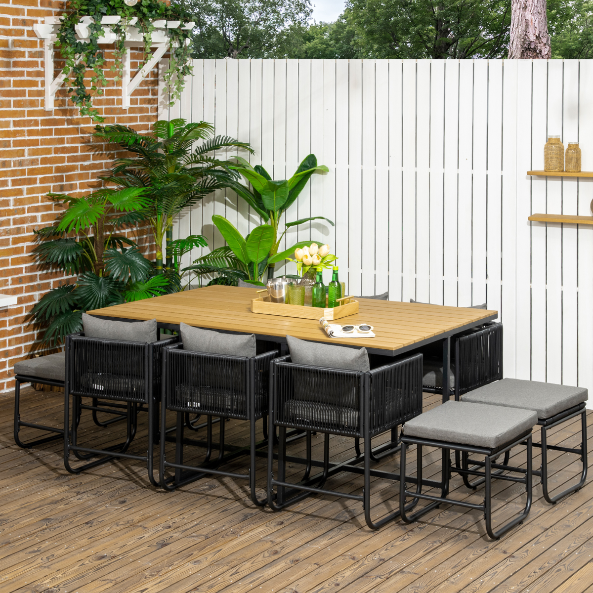 Outsunny 11-Piece Rattan Garden Dining Set, 10-Seater, Space-Saving