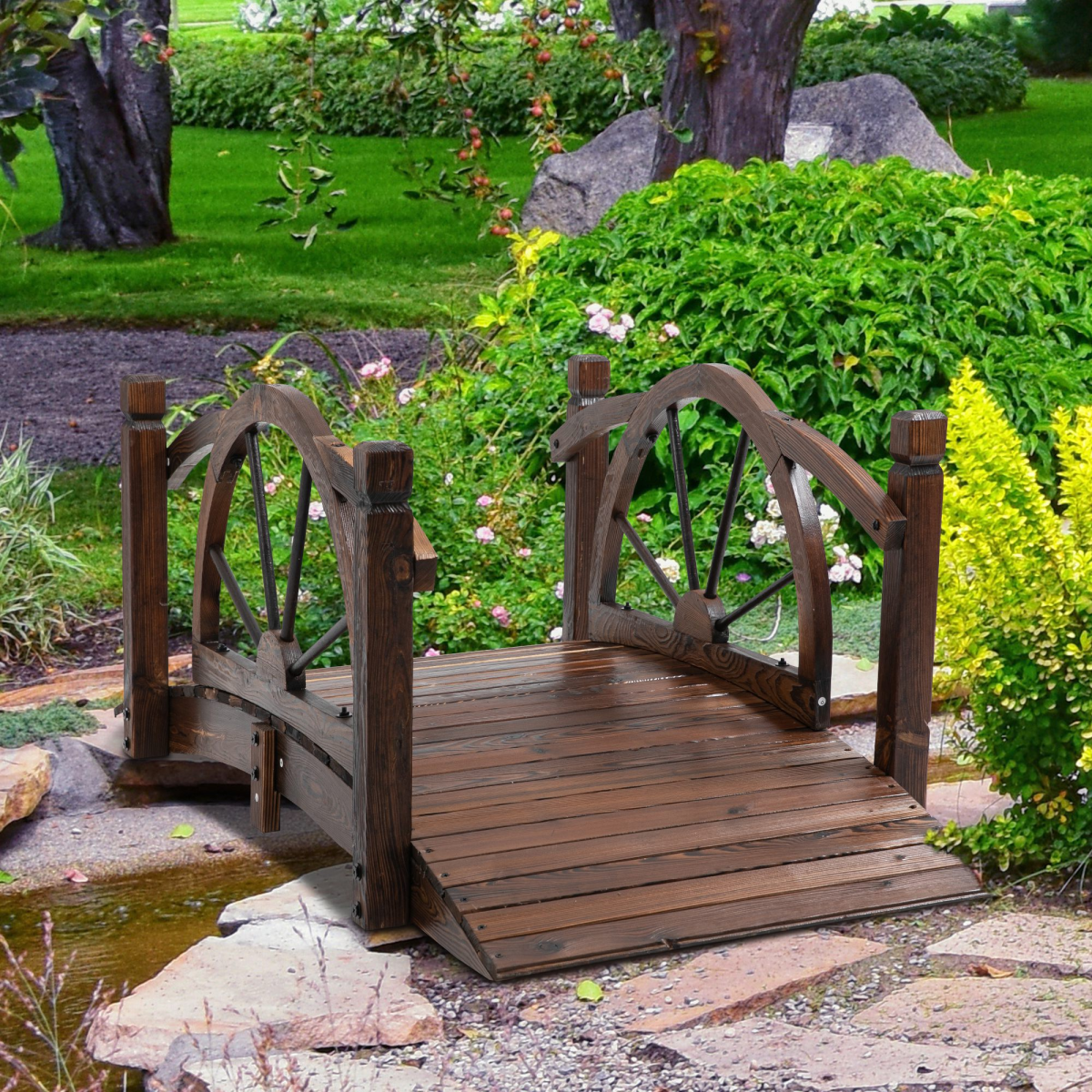 Outsunny Wooden Arched Garden Bridge with Safety Rails, Decorative Outdoor Footbridge