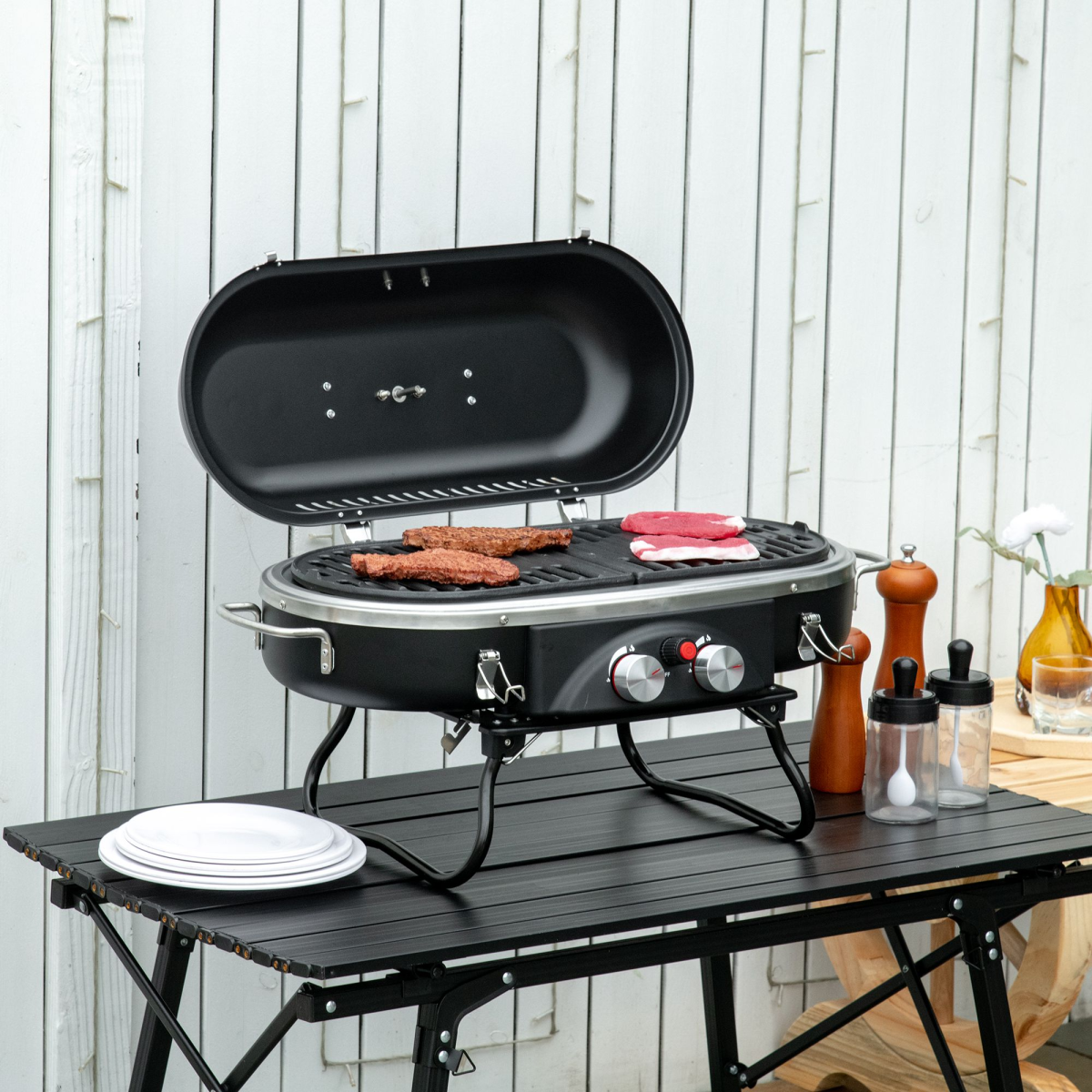 Outsunny Gas BBQ Grill, 2 Burner Tabletop BBQ with Lockable Lid, Thermometer, Piezo Ignition, Foldable Legs