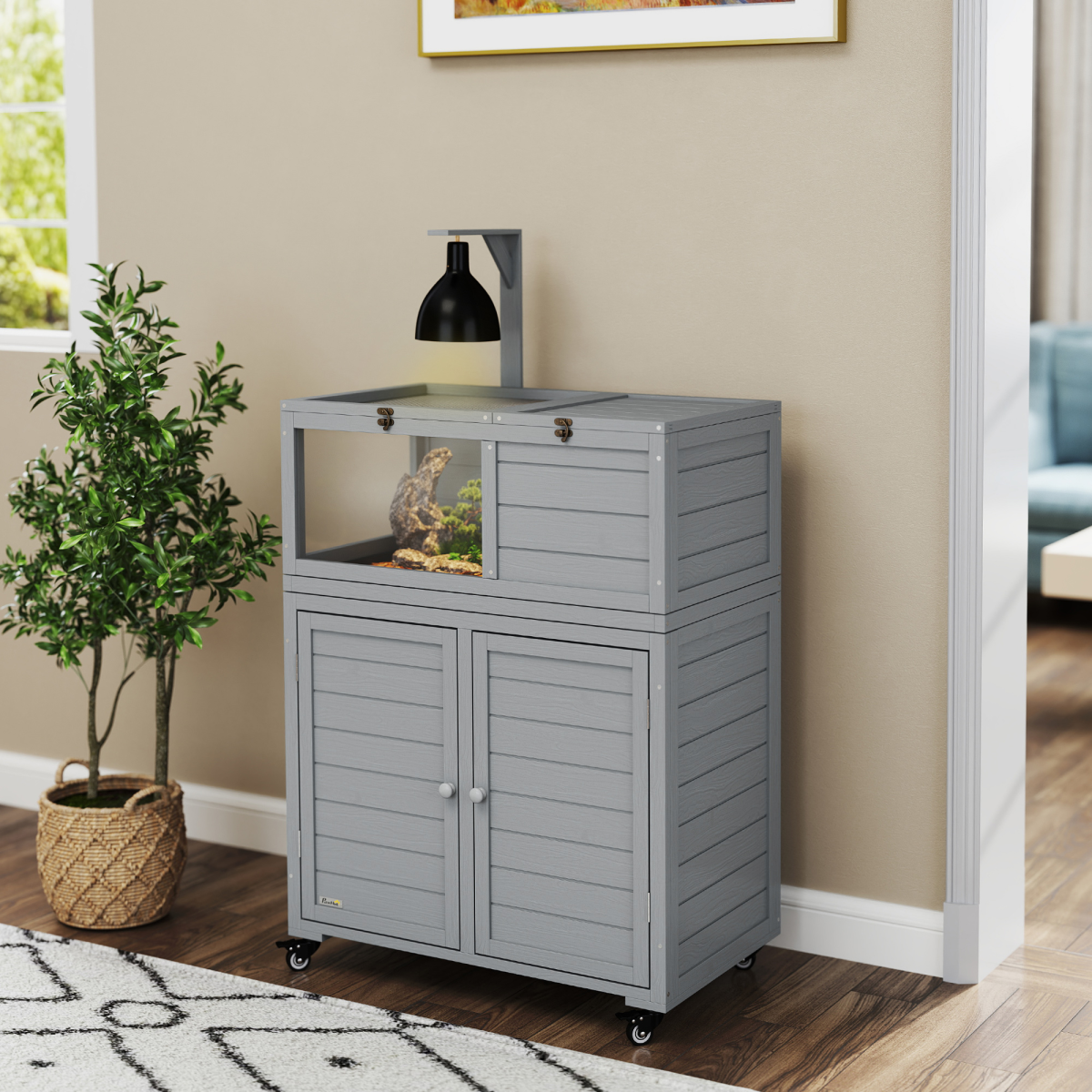 PawHut Tortoise House with Storage Cabinet, Openable Top & Lamp Holder