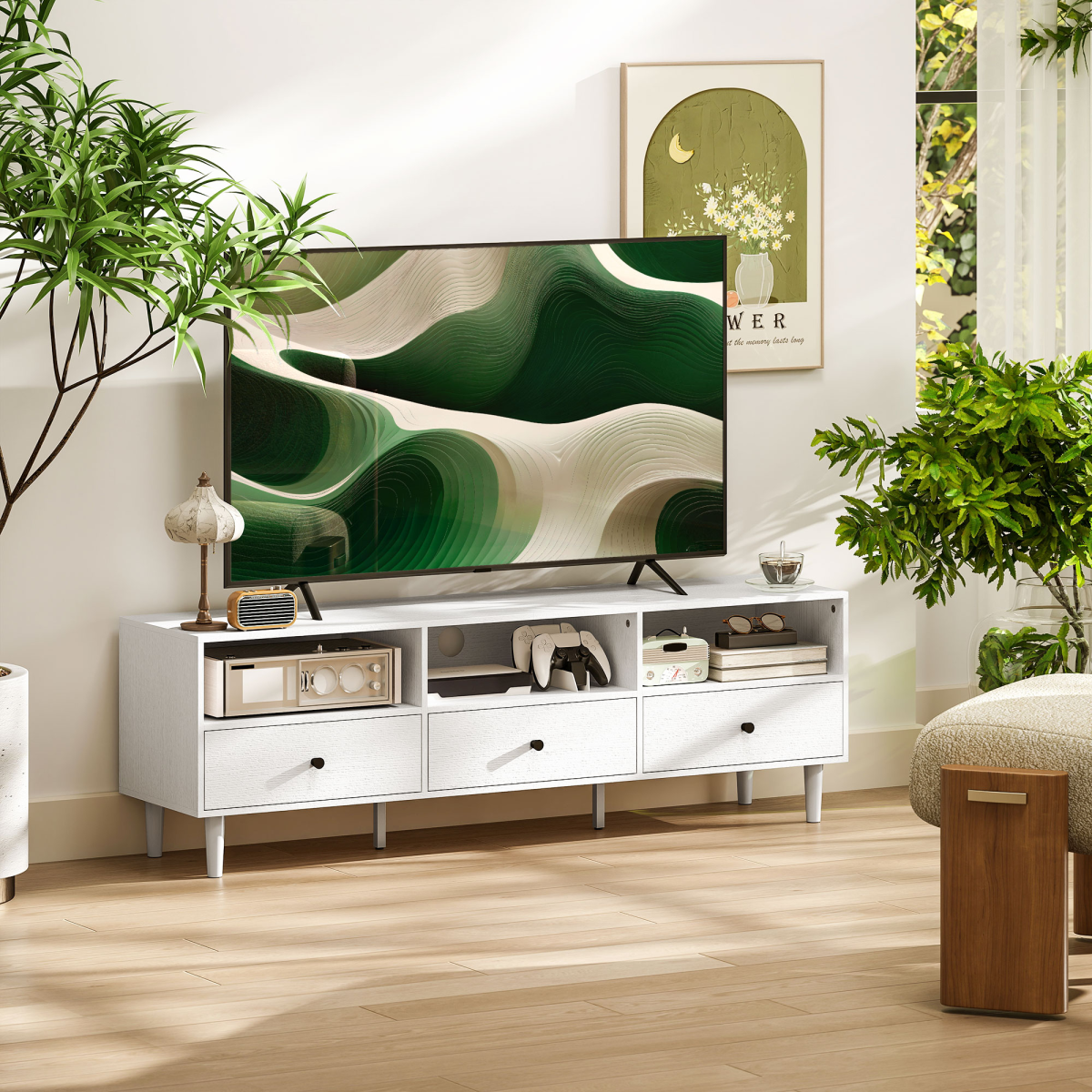 HOMCOM White TV Unit for Up to 75", 3 Drawers, 3 Shelves