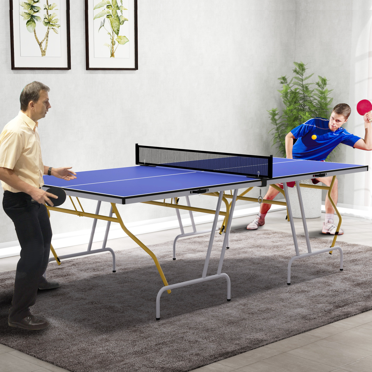 SPORTNOW 9FT Foldable Table Tennis Table Set with Net, Balls - Blue
