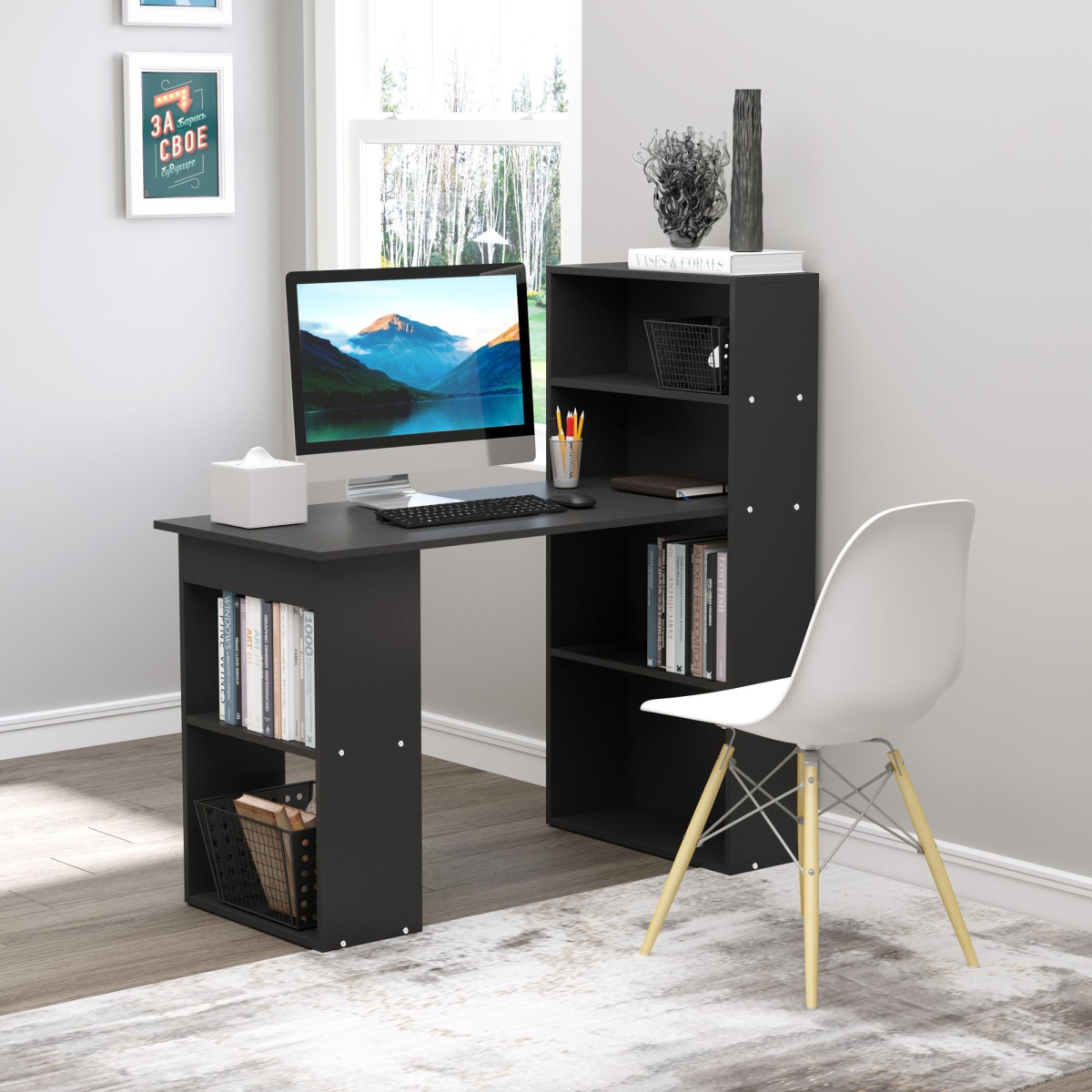 HOMCOM Computer Desk, 120 x 55 x 120 cm, Black, Space-Saving Design with 6 Shelves and Cubby Storage