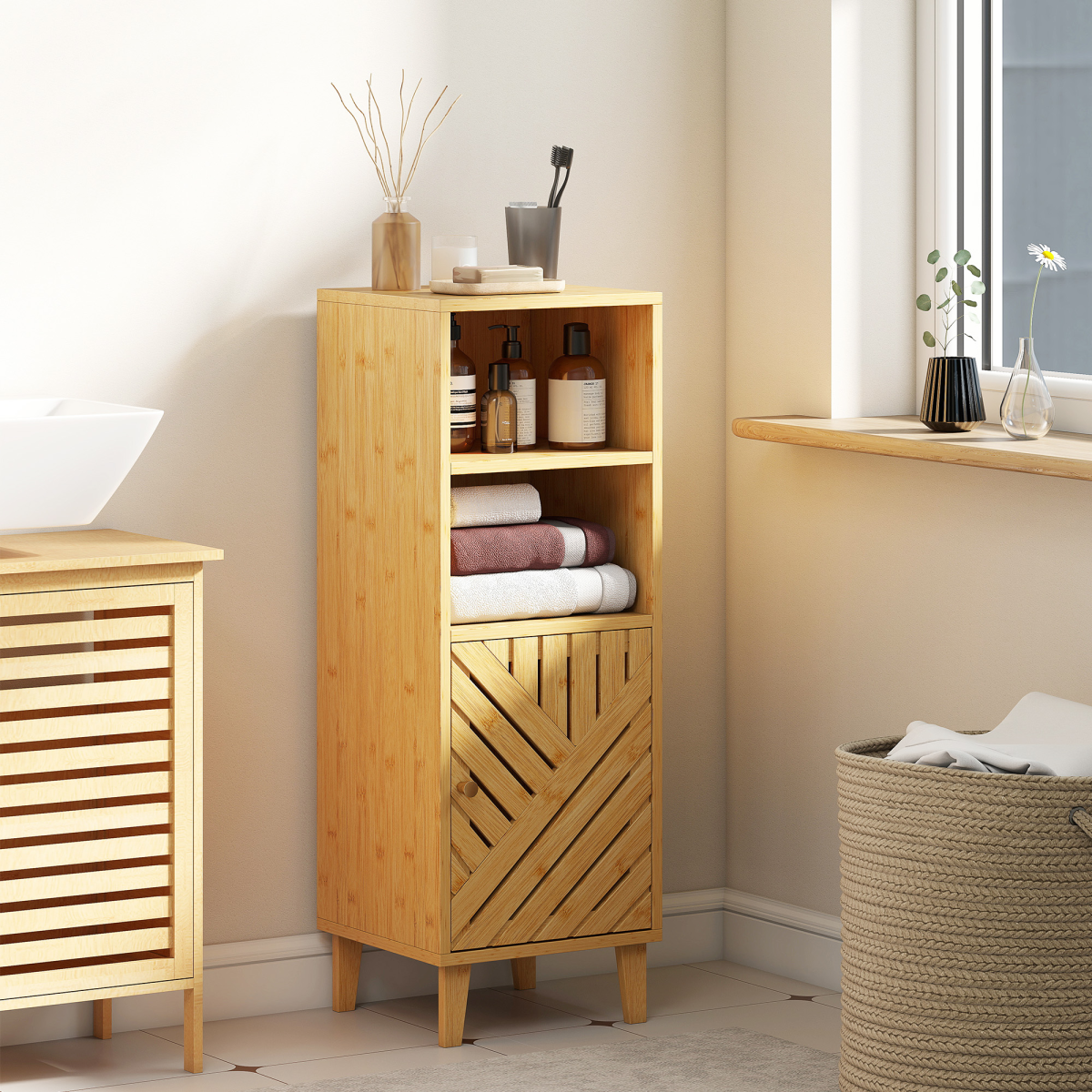 HOMCOM Narrow Bamboo Bathroom Storage Cabinet with Open Compartments