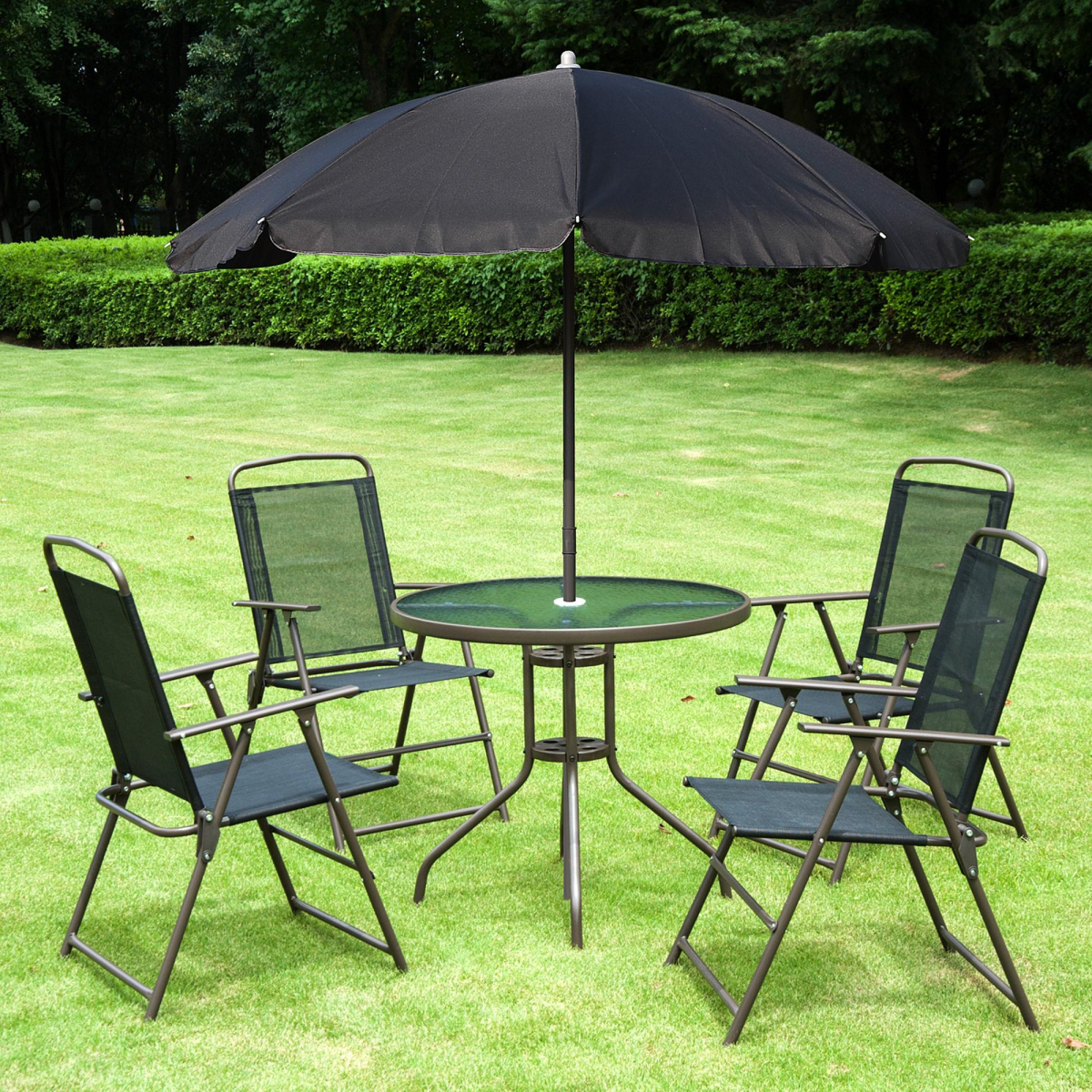 Outsunny 6-Piece Black Outdoor Bistro Set with Round Table, 4 Foldable Texteline Chairs and Parasol